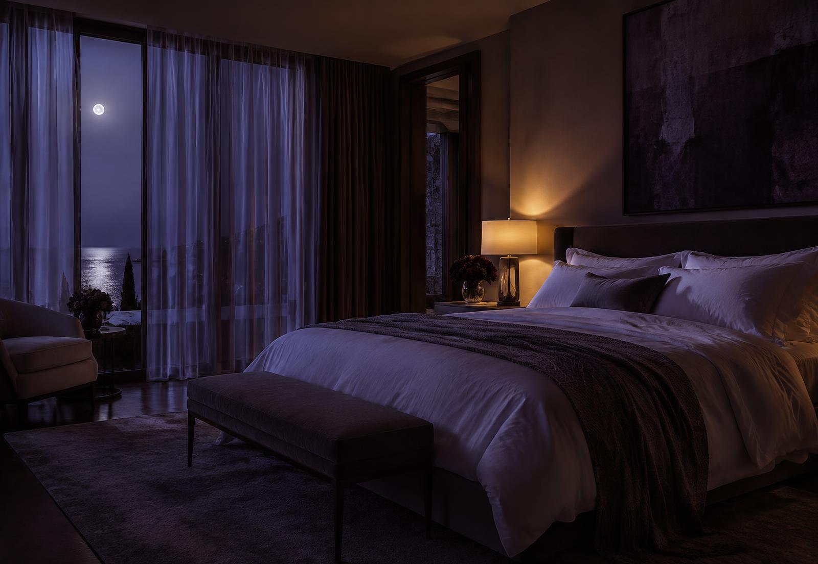 A calm, moonlit bedroom at night